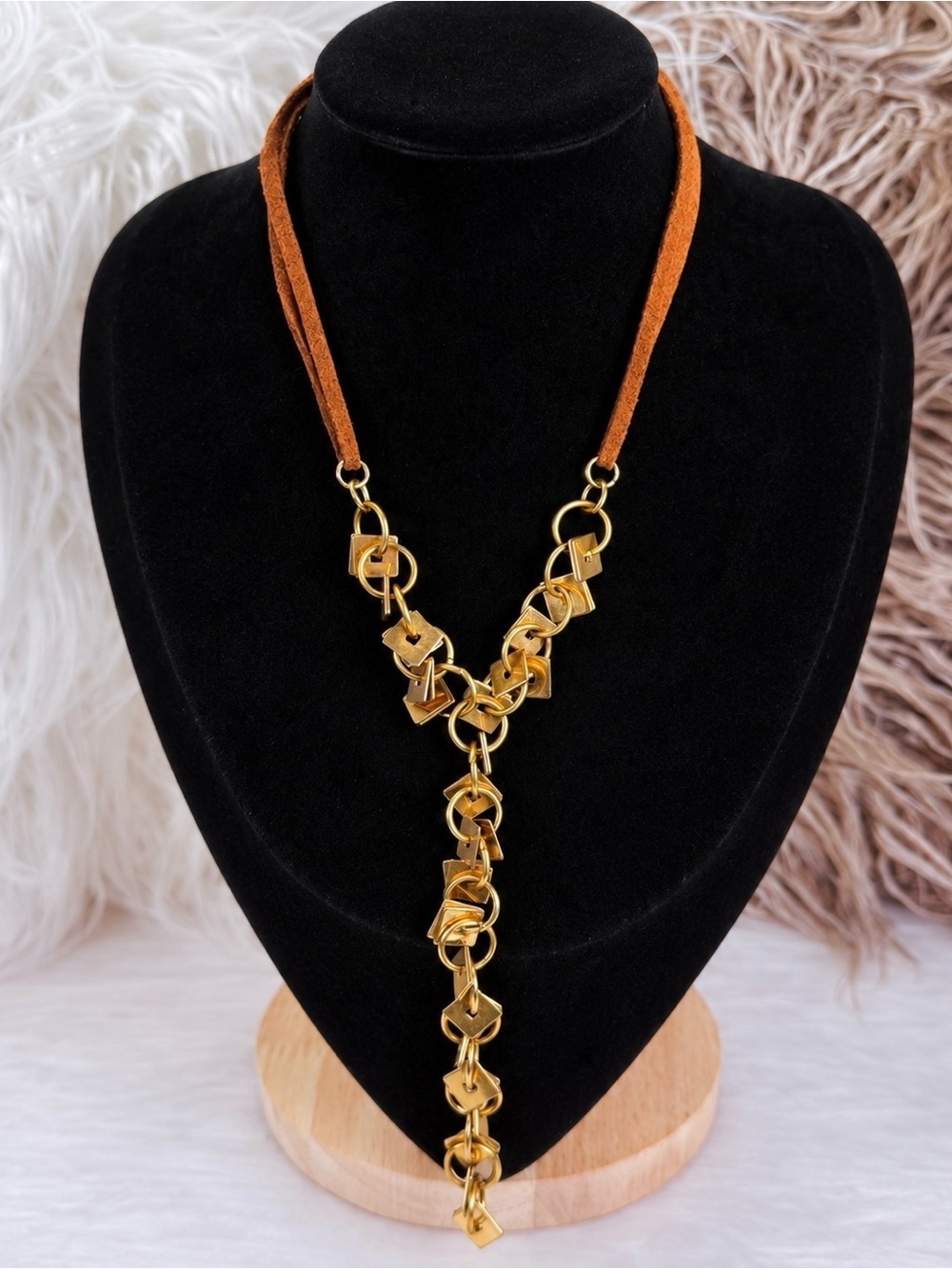 Vintage brown and brass tone, modernist weighted costume bohemian chic necklace